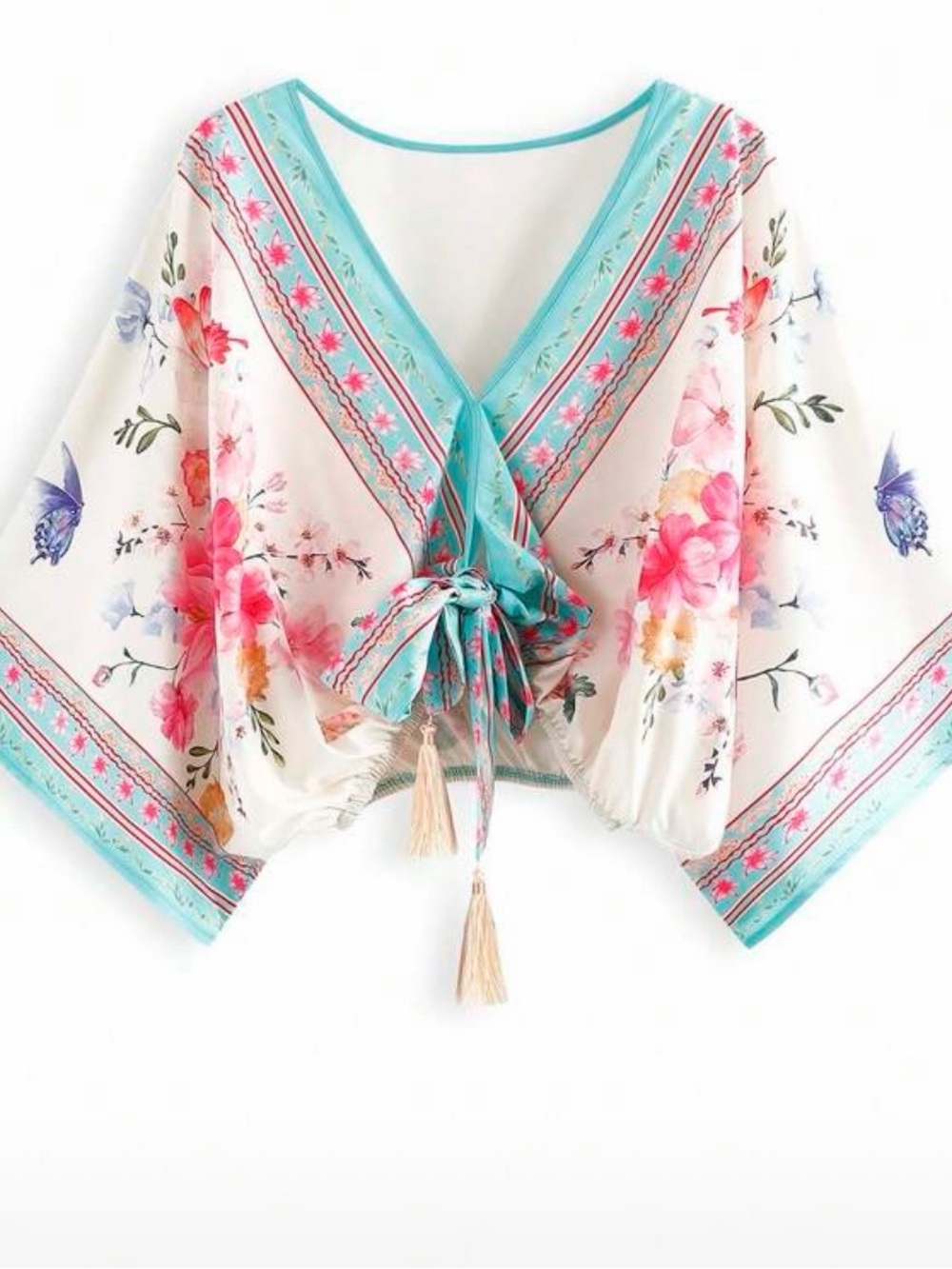 SHEIN, Ladies, White Floral Tie-Front Kimono Blouse with Turquoise Trim XL NEW - Picture 6 of 9